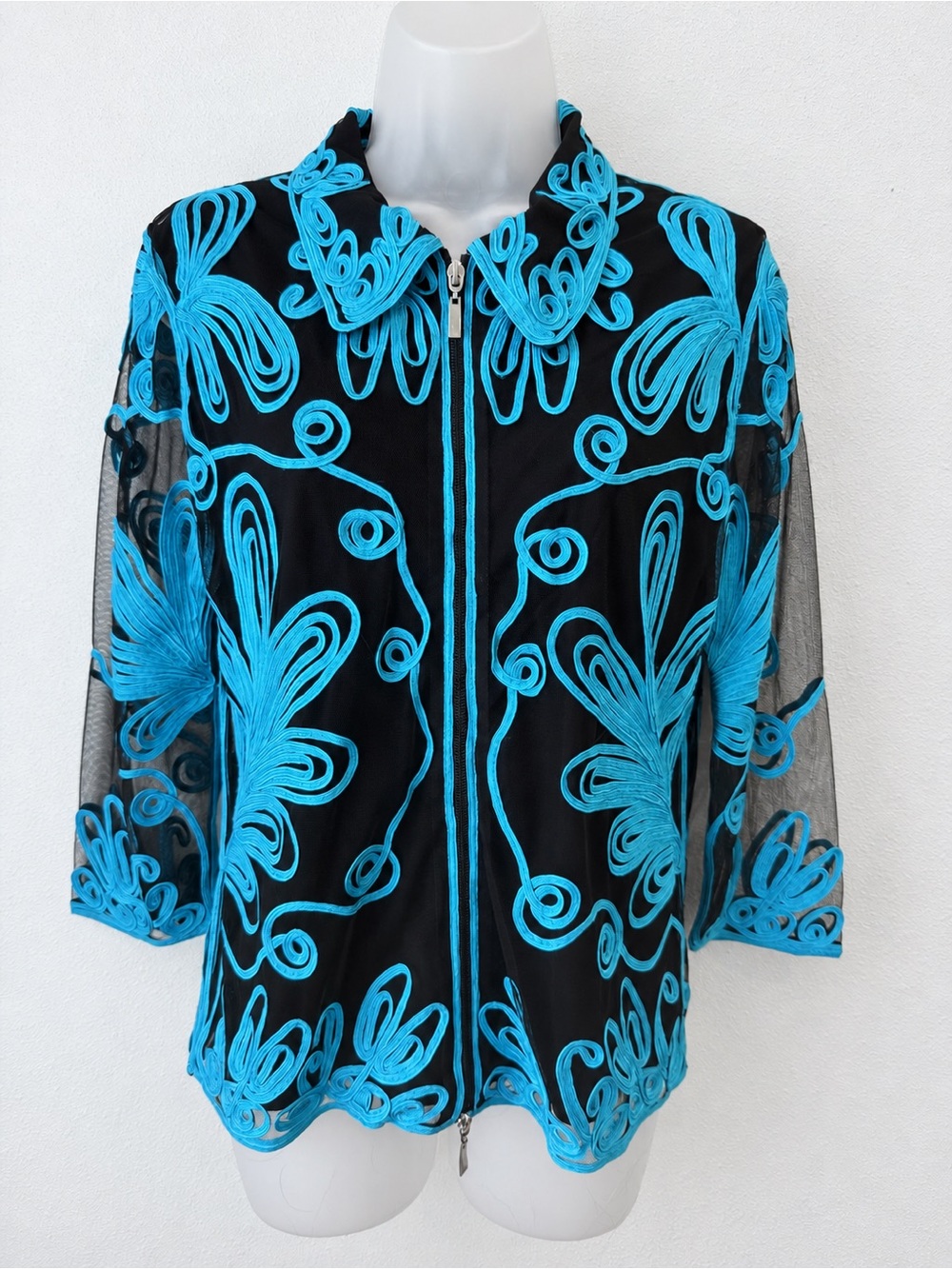 T&W Designs Jacket Medium Turquoise Soutache Mesh Artwear
